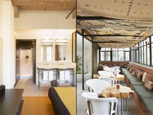 Contemporary restaurant interior with concrete floors and ceiling, featuring modern furniture and design.
