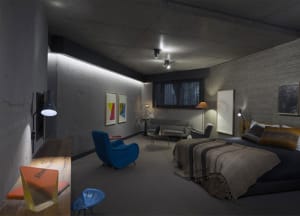 A modern bedroom with concrete walls and a minimalist design.