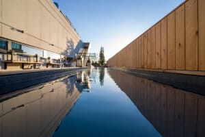 Poolside lounge area with modern concrete and wood structures reflecting in a shallow pool.