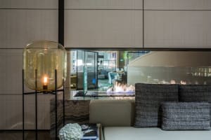 Modern lobby interior featuring a glass feature wall.