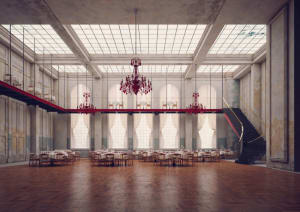 Interior view of a modern restaurant with hardwood floors, concrete walls, large glass windows, and elegant chandeliers.