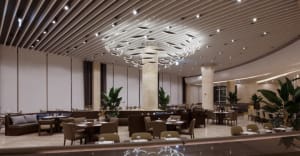 Modern, minimalist restaurant interior with contemporary design elements, featuring clean lines, high ceilings, and sleek fur