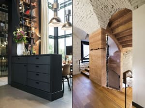 Modern interior design featuring metallic and brick textures, with wooden elements.