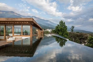 Modern residential architecture featuring wood and glass materials