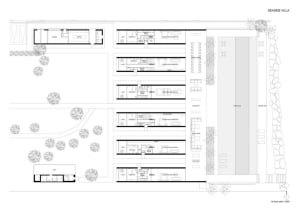 Floor plan layout of a seaside villa's first floor with labeled rooms and areas.