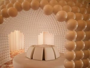 Minimalist interior design featuring foam spheres