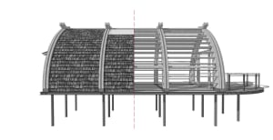 Cross-sectional view of a building showcasing wood shingles on the exterior.