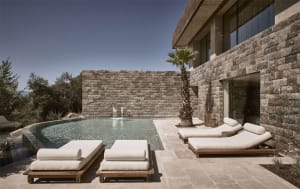 Modern residential pool with stone and concrete design features