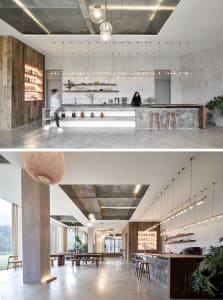 Modern industrial cafe interior featuring concrete and wood materials.