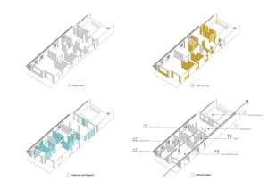 A comparison of original and reformed floor plans of a lobby retail store group with new architectural features, including a 