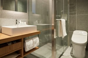 Modern bathroom with a glass-tile shower enclosure and concrete floor.