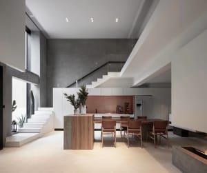 Modern minimalist kitchen with concrete finishes and natural wood accents.