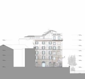 A detailed architectural section drawing of a modern building exterior, rendered on paper, showcasing design features and dim