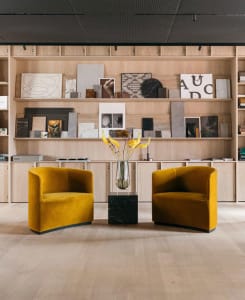 Modern lobby featuring wood and abstract art