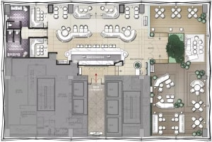 Floor plan of a modern hotel bar and reception area with concrete tiles and hardwood flooring, featuring green plant-life acc
