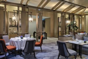 Modern restaurant interior with wood elements