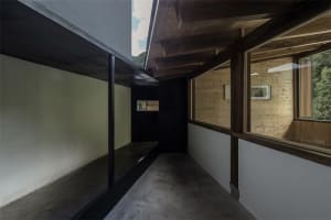 Modern architectural space with concrete and wooden elements