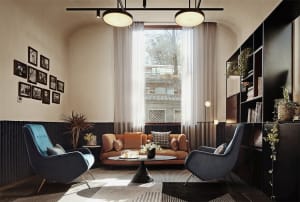 Minimalist living room featuring a brown couch, blue armchairs, and textured decor.
