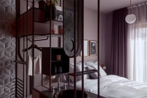 A modern bedroom featuring brown walls, metal accents, and glass elements, with a bed, shelves, and a sink visible.