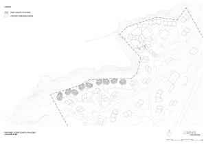 Location plan of Freycinet Lodge Coastal Pavilions with nine coastal pavilions and existing cabins/buildings.
