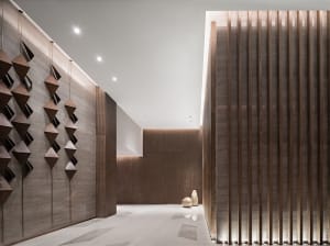 Modern lobby interior featuring wooden paneling