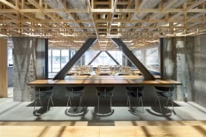 Industrial design café with concrete and wood finishes