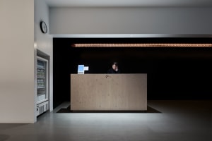 A minimalist reception desk with a wood finish located in a modern lobby setting.