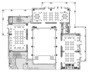 Detailed architectural floor plan of a restaurant with neutral-toned interior design