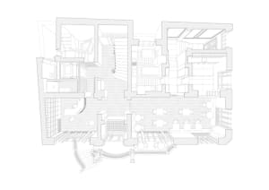Detailed 2D floor plan of a residential space showcasing wood tile flooring and various rooms.