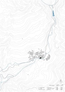 Topographic map of a village showing shaded relief and village layout.