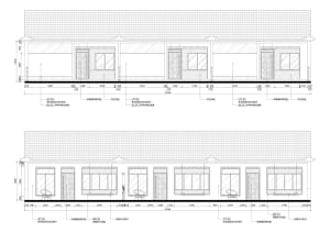 2D architectural rendering of a house featuring windows, doors, and various materials such as paint and glass.