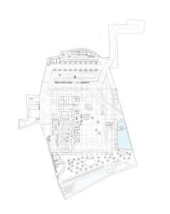 Detailed architectural site plan depicting an urban development project with labeled sections, buildings, and streets.