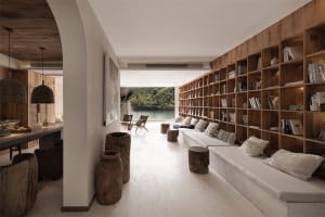 Modern minimalist living room with wooden furniture and shelves.