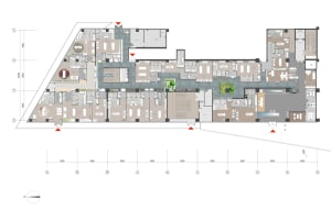 A detailed 2D architectural drawing of a modern office layout.