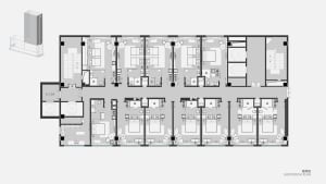 Floor plan of an apartment hotel showing guestrooms and common areas.