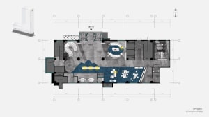 Floor plan of a hotel lobby showcasing concrete, glass, and metal materials.