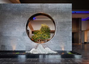 Modern hotel lobby with a circular window, tree, and water feature.