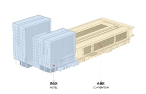 3D rendering of a modern hotel and convention center with a glass and concrete exterior.