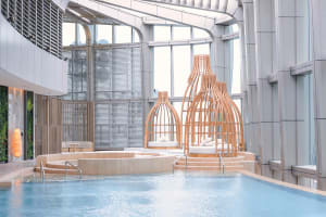 Modern poolside lounge area with wooden pods and concrete structures.