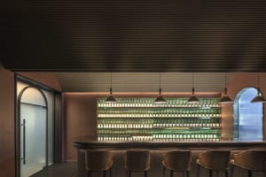Modern bar interior featuring metallic shelves and light fixtures.