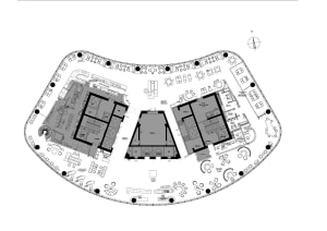 Floor plan of a restaurant layout showing dining areas, kitchen spaces, and administrative offices.