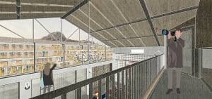A spacious library area with steel railings and glass walls, photographed in a perspective view.