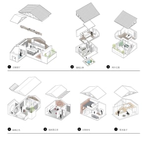 Interiors of various rooms in a house, including a guest room, dining room, living room, and kitchen, showcasing different ar