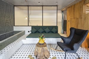 A modern interior with a focus on wood materials