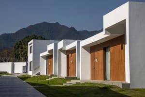 Modern residential buildings with concrete walls and wooden doors and windows.