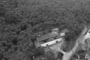 An aerial view of an abandoned building with a metal roof surrounded by dense trees.