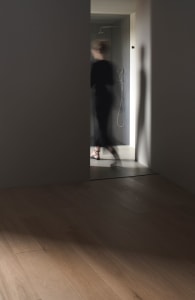 A modern interior space featuring dark walls and hardwood floors.
