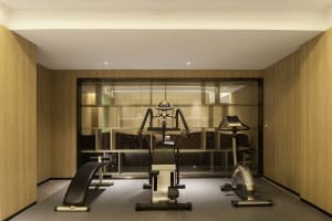Modern workout room featuring exercise equipment and wooden paneling