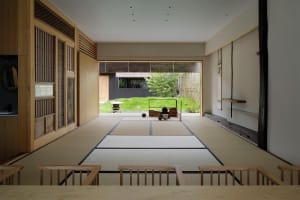 Contemporary-style living room with natural-fiber flooring and paper mats