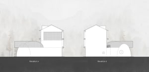 A render of a building exterior with a white facade and simple geometric shapes.